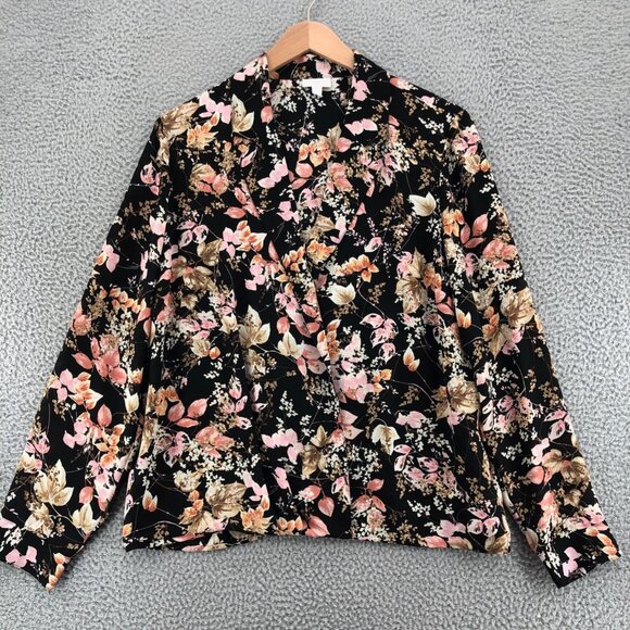 J Jill Top Womens Extra Large Tall Black Floral Blouse Collar Wrap Long Sleeves - Picture 1 of 10